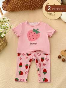 SHEIN Two Pieces Set Of Newborn Baby Girl Strawberries Print T-Shirts And Shorts, Perfect For Summer. - Baby Pink - View 7
