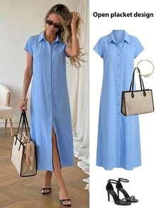 Easowa Women's Casual Commuter Brunch Vacation Cornflower Blue Front Button Mid-Length Dress, Summer Elegant Formal Wear - Blue - View 2