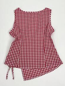Sweetra Plus Size Women Red And White Plaid Sleeveless Tie-Front Design Waist-Cinching Slimming Fit Minimalist Kawaii Fashionable Round Neck Blouse Summer - Red and White - View 8