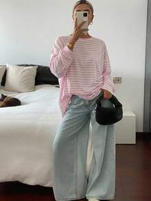 DAZY Women Striped Drop Shoulder Tee Long Sleeve Women Tops,Fall Women Clothes - Pink - View 11