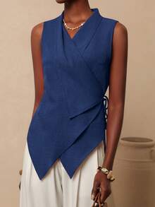 Vesra Camisa asimétrica de unicolor de verano para mujer - Azul Marino - Ver 4