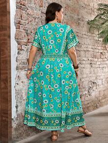 EMERY ROSE Plus Size Summer Vacation Floral Print Waist-Defining V-Neck Dress Beach Green Casual - Green - View 2