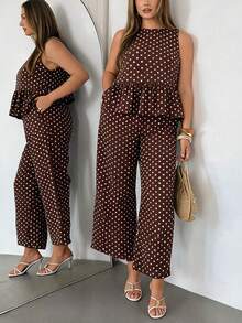 Auralis Round Neck Loose Sleeveless Top & Straight Leg Pants Plus Size Two-Piece Set / Brown Polka Dot Bohemian Vacation Style / Elegant Commuting Style - Brown - View 4