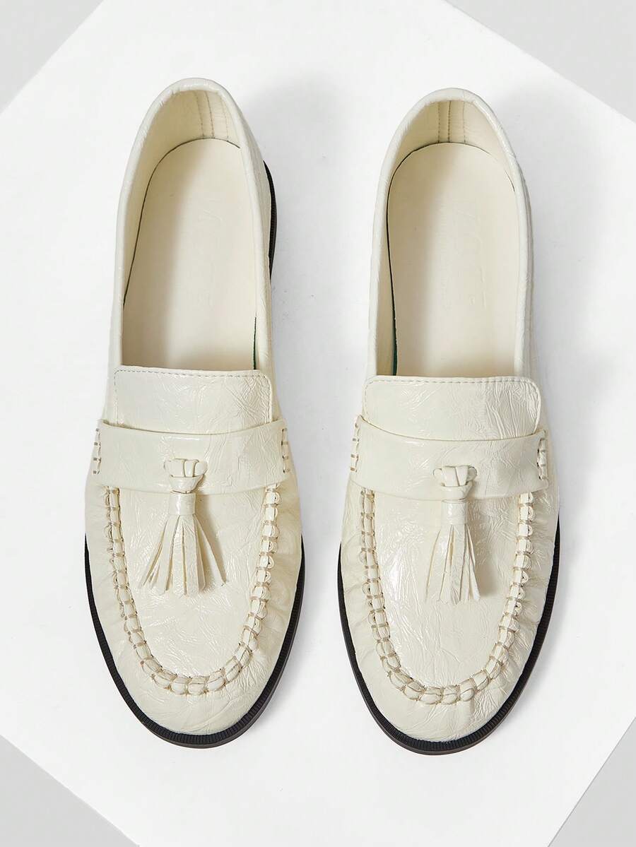 MOTF WOMEN'S NEW FRENCH RETRO TEXTURE FRINGED LACE-UP ROUND TOE FLATS, WHITE VERSATILE CASUAL AND COMFORTABLE HIGH-END WOMEN'S SHOES - White mirror - View 1