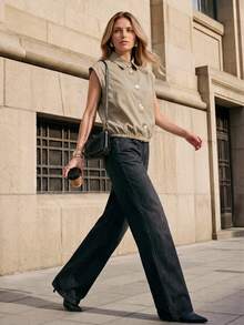 Ciel Poise Women's Blouse Regular Fit Elastic Smocked Waist Shirt Collar Front Button Up Sleeveless Hem Minimalist Casual Business Casual Olive Green Solid - Khaki - View 7