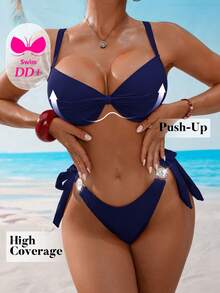 Voyashape Women's Summer Beach Party Solid Color Bikini And Triangle Bottom Two-Piece Swimsuit Set Navy Blue Elegant Sexy - Navy Blue - View 5