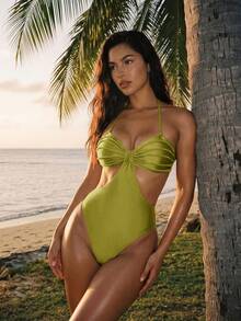 Swim Glamine 女款細肩帶露背休閒度假一件式泳衣 - 綠色 - 查看 3