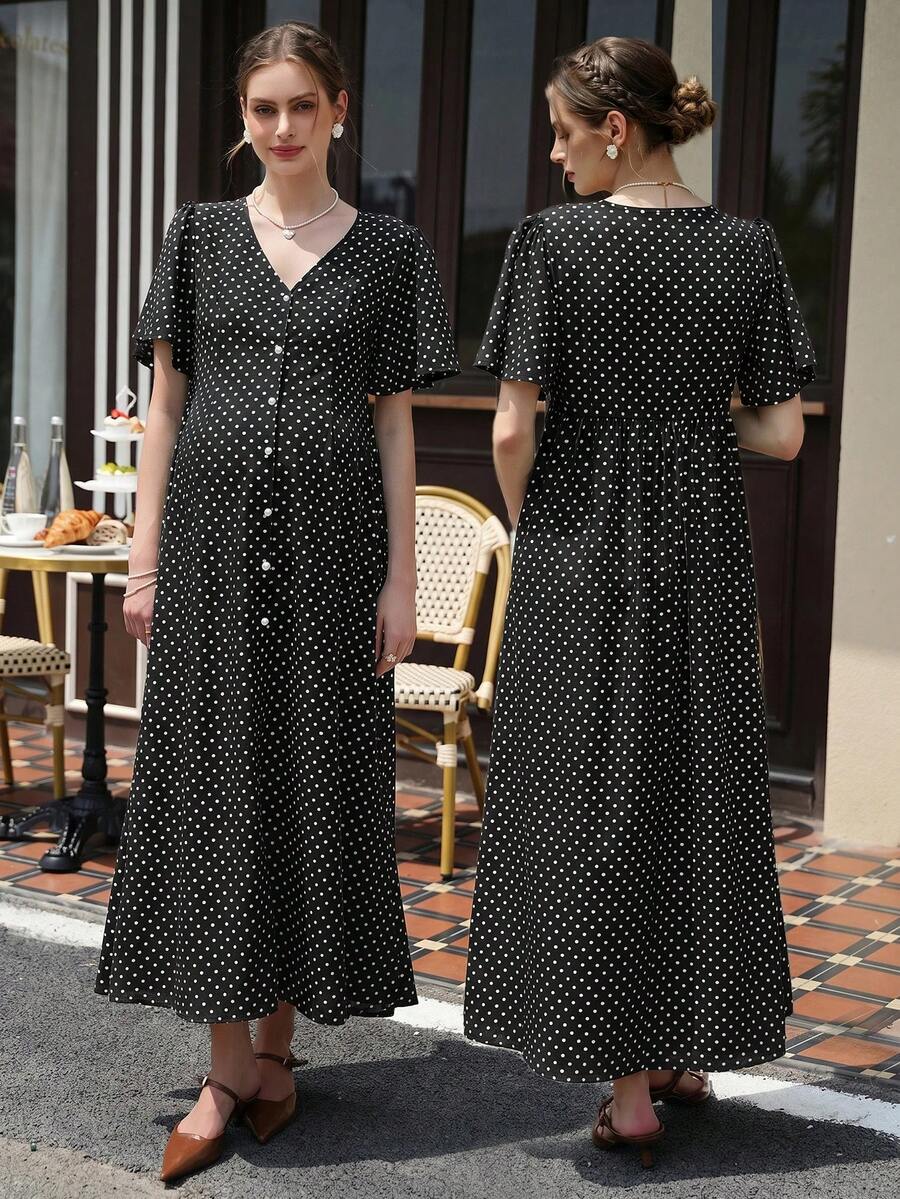 Momance Printed Polka Dot Split Long Ruffle Sleeve Casual Maternity Dress - Black and White - View 1