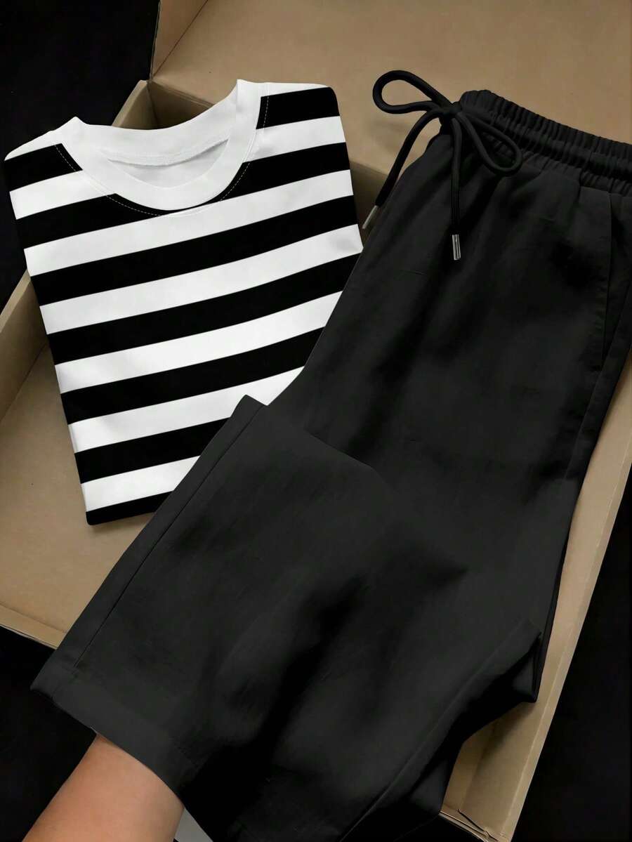 SHEIN EZwear 两件套:刺绣圆领短袖上衣和条纹印花长裤,休闲款 - 彩色 - 查看 1