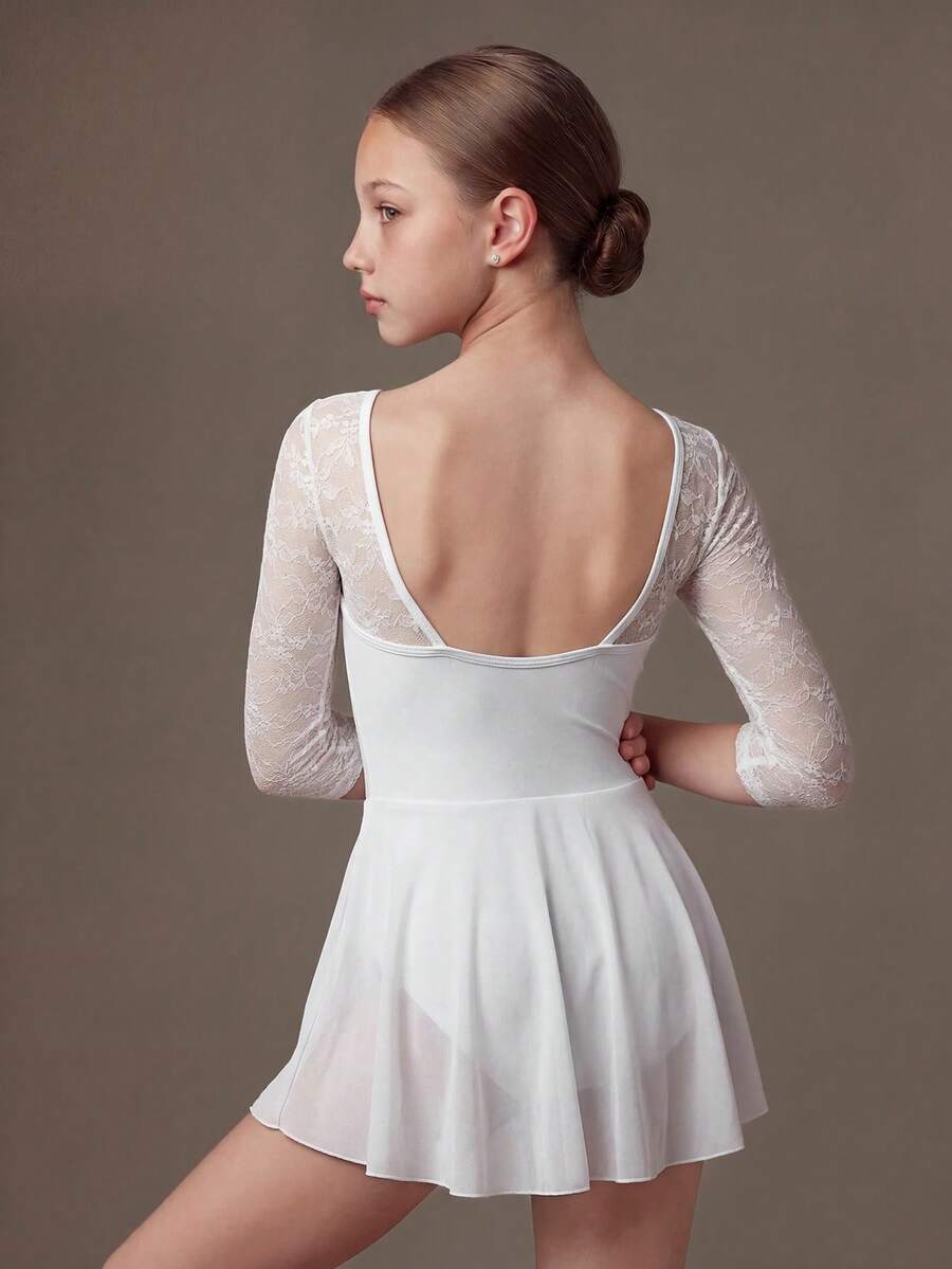 SHEIN Tween Girls Clothes Elegant Sweet Lace Patchwork Versatile Sporty, Cute, School, Back To School - White - View 1
