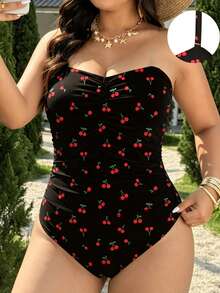 Swim Vcay 2026 New Leopard Print Bandeau Removable Adjustable Shoulder Strap Ruched Front Side Drawstring Waist Cinched Semi-Coverage Hip One-Piece Swimsuit For Women, Simple Elegant Fashion Sexy Beach Vacation - Multicolor - View 1