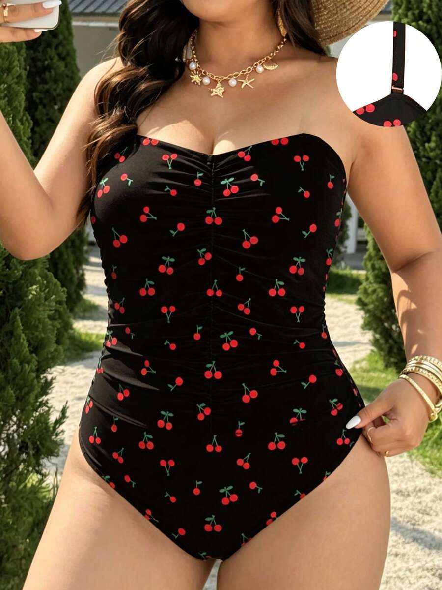 Swim Vcay 2026 New Leopard Print Bandeau Removable Adjustable Shoulder Strap Ruched Front Side Drawstring Waist Cinched Semi-Coverage Hip One-Piece Swimsuit For Women, Simple Elegant Fashion Sexy Beach Vacation - Multicolor - View 1