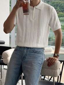 DAZY White Solid Textured Fabric Polo Neck Knit Top For Men - Beige - View 6