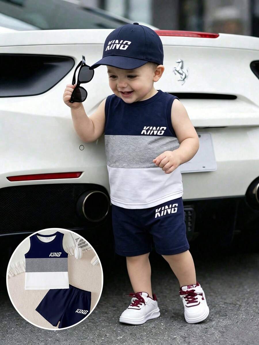 SHEIN Playful Pals 一套男婴时尚街头休闲条纹撞色“KING”印花背心搭配字母印花短裤,适合夏季外出穿着。 - 彩色 - 查看 1