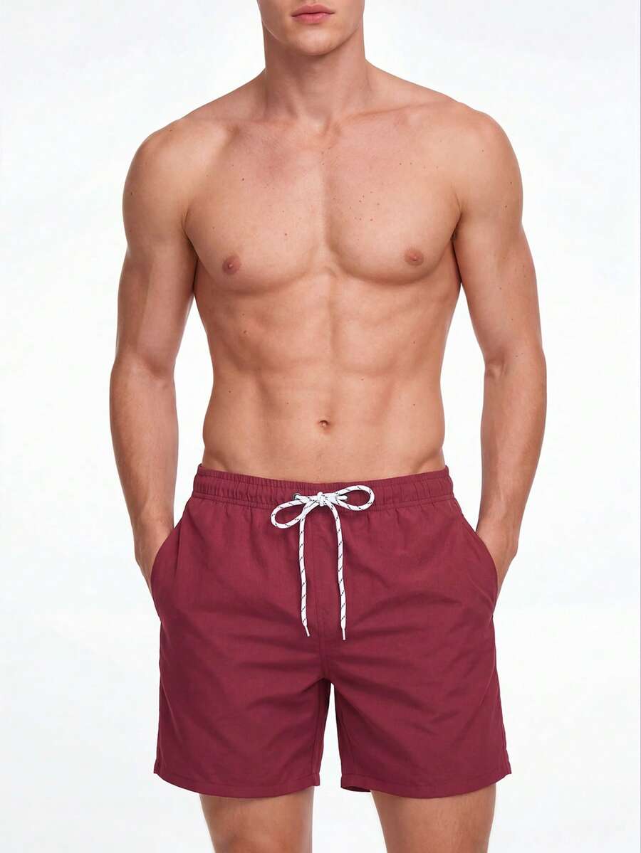 Manfinity KASUA Men Solid Drawstring Waist Swim Trunks - Burgundy - View 1