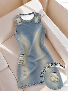 Resyla Đầm denim không tay in họa tiết, kiểu dáng thường ngày dành cho nữ, thích hợp cho mùa hè. - Nhiều màu - Xem 3