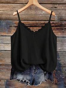 SHEIN VCAY Plus Size Women's Solid Color V-Neck Ruffle Trim Loose Camisole, Summer Bohemian Style, Casual & Romantic Daily Wear - Black - View 1