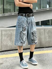 Manfinity EMRG 中性塗鴉印花寬鬆牛仔短褲，街頭風街頭穿搭城市度假淺藍色夏季假期款 - 藍色 - 查看 5