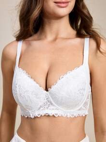Hourtrue 1 pièce Soutien-gorge push-up sexy à fente en V profond conçu de manière directionnelle, lingerie en dentelle française - Blanc - Voir 4