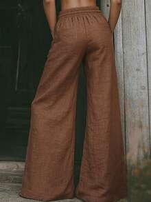 EMERY ROSE Women's Drawstring Waist Floral Print Linen-Like Casual Pants - Coffee Brown - View 2