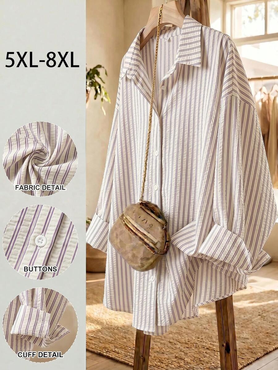 SHEIN CURVE+ 大尺碼休閒通勤條紋襯衫 - 墨綠色 - 查看 1