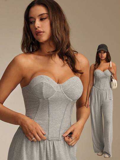 SHEIN Glamour Sexy Grey Casual Knit Patchwork Underwire Fishbone Striped Curved Hem Bandage Sports Bra For Women