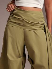 Vixey Solid Woven High Waist Gathered Sash Wide Barrel Leg Pants - Olive Green - View 3
