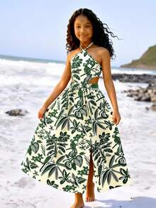 Sparklyn Tween Girl All-Over Print Slit Halter Casual Vacation Sleeveless Dress - Green - View 4
