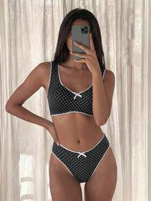 Swim Mod 夏季女款兩件式泳衣套裝，海灘度假波點印花白色蕾絲拼接蝴蝶結深U領寬肩帶泳裝 - 黑色 - 查看 3
