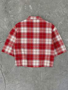 SUMWON Cropped Flannel Plaid Shirt Short Sleeve Button Down Chest Pocket Raw Hem Casual Streetwear - Red and White - View 4