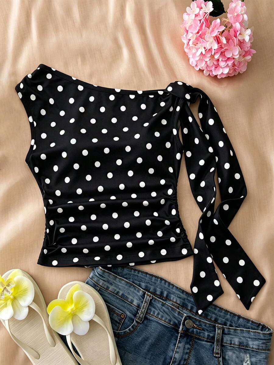 SHEIN Sparklyn 青少年女孩圓點印花單肩打結設計時尚背心上衣 - 黑色 - 查看 1