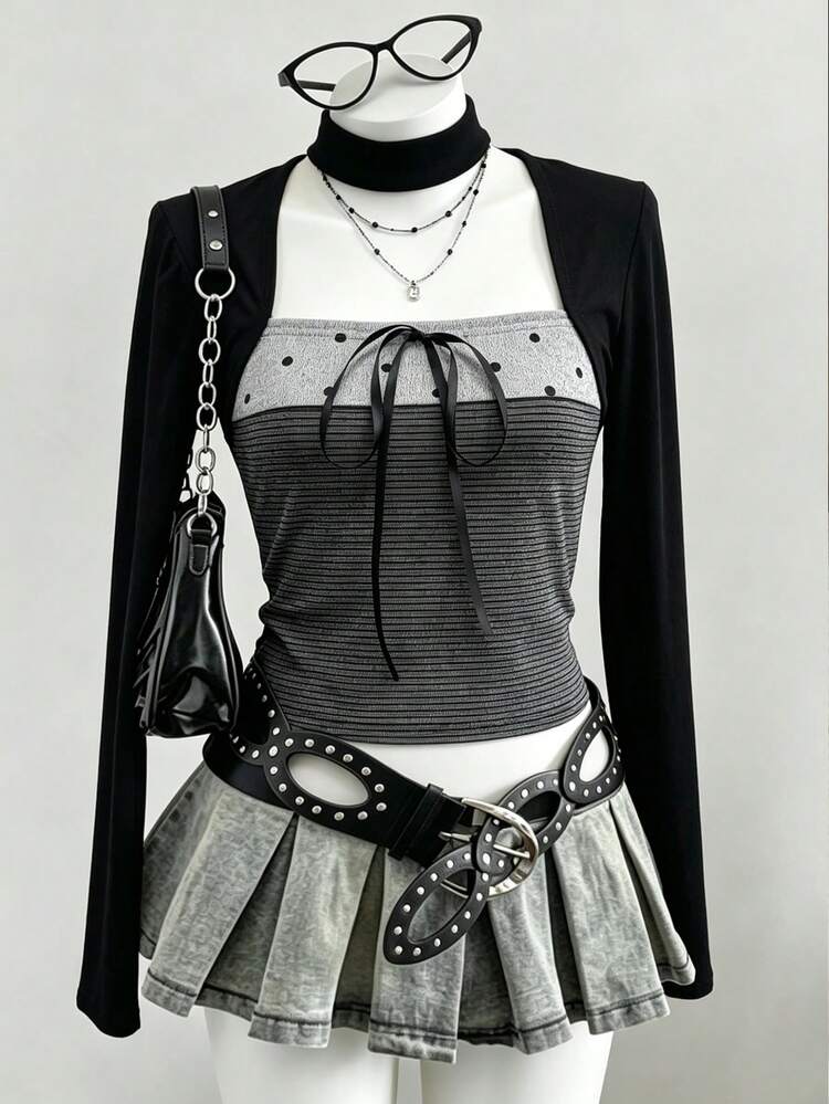 Women's Striped Bow Decor 2 In 1 Long Sleeve T-Shirt