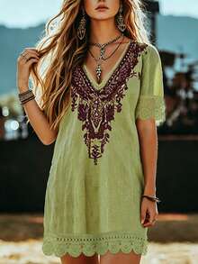 EMERY ROSE Dark Green Summer Boho Vacation Holiday Women's Plus Size V-Neck Short Sleeve Print Dress,Lace Trim Elegant Casual Fashion Resort Beachwear Everyday - Mint Green - View 4