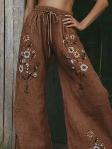 EMERY ROSE Women's Drawstring Waist Floral Print Linen-Like Casual Pants - Coffee Brown - View 1