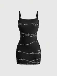 ROMWE Women's Mini Dress Thorn Pattern Goth Fitted Bodycon Dress Spring Summer Ultra Skirt Hot Girl Sexy - Black - View 1