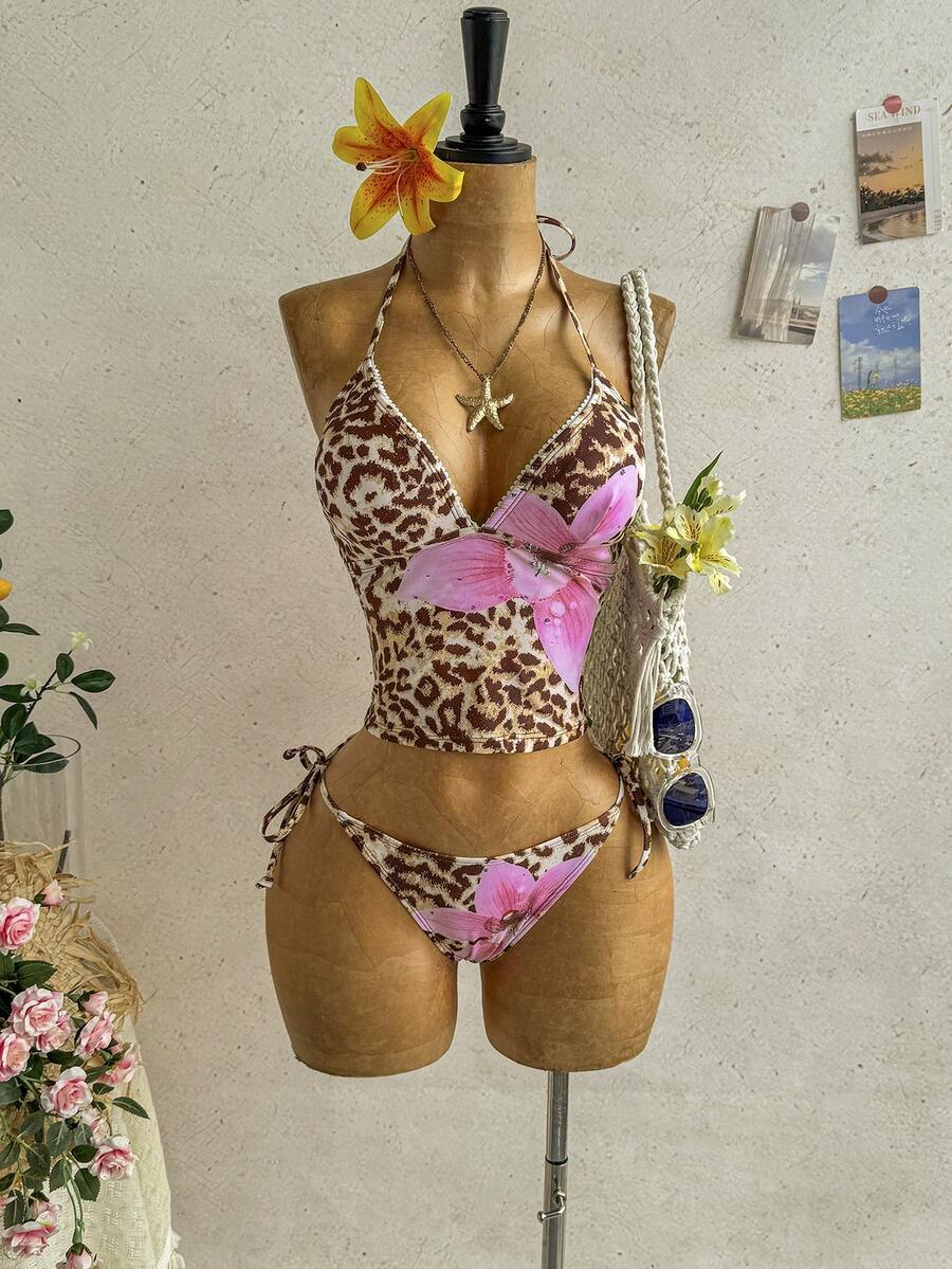 Soleia Set Baju Renang Tankini Wanita Musim Panas Motif Bunga Leopard untuk Pantai - MultiWarna - View 1