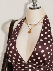 SHEIN ICON 掛脖深V領收腰A字版露背波點背心上衣 - 棕色 - 查看 7