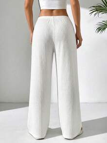 SHEIN PETITE CURVE 大码女式纯色抽绳腰休闲百搭日常裤 - 白色 - 查看 3