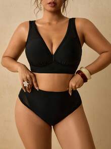 Travachic Plus Size Women's Black V-Neck High Waist Slimming Beach Bikini Set Bathing Suits For Women Summer Sexy - Black - View 1