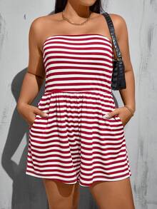 SHEIN Essnce Plus-Size Ladies' Jumpsuits, Striped Jumpsuits, Loose And Comfortable Plus-Size Clothing, High-Elasticity And Comfortable Fabric, Strapless Jumpsuits, Summer Clothing - Red - View 1