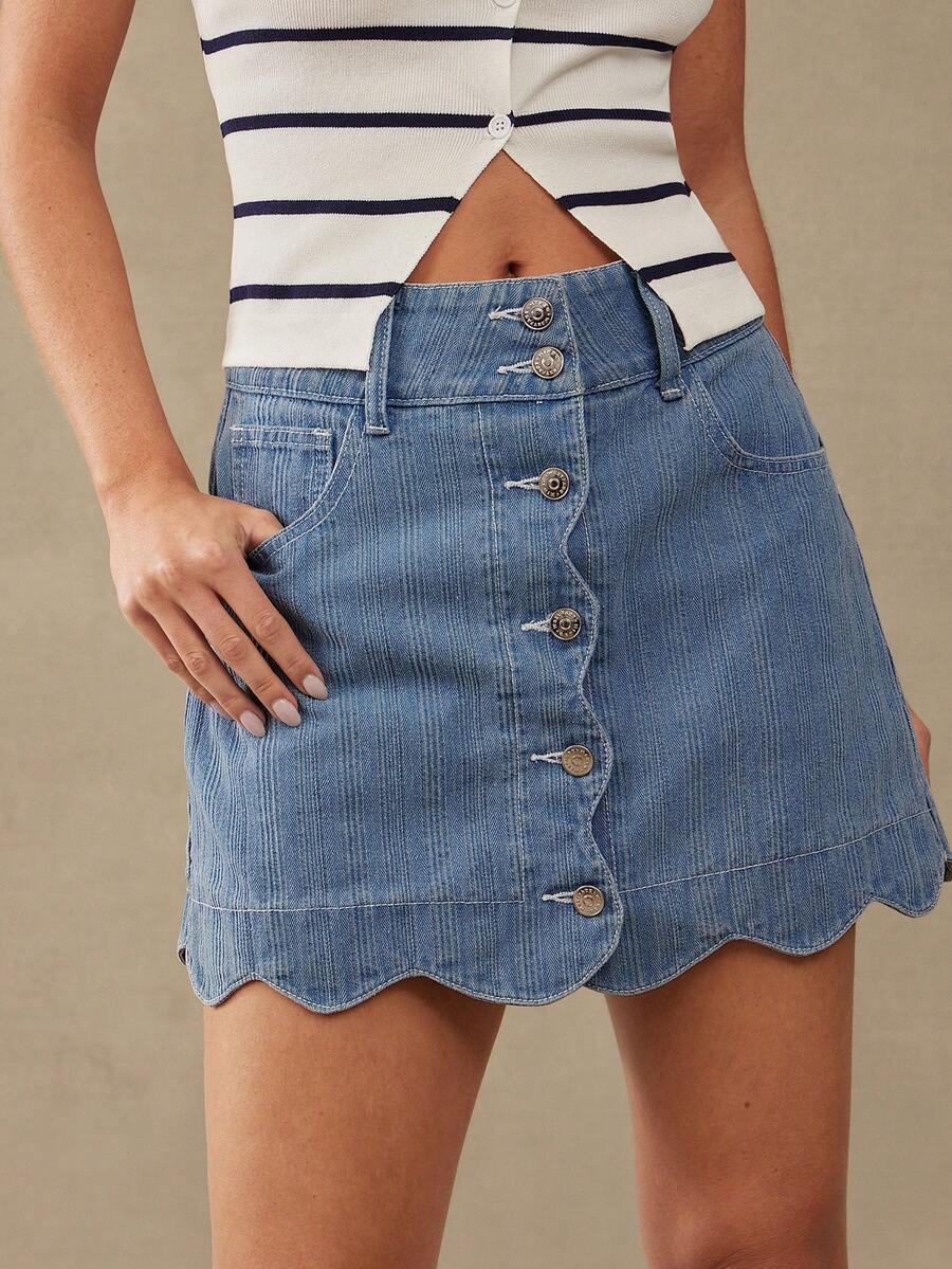 WESTFADE Everyday Jacquard Women's High Waist Scalloped Pastal Button Front 100 Cotton Denim A Line Mini Skirt, Summer, Country Sexy Casual, Festival, Boho - Medium Wash - View 1
