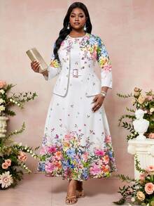 Fleurora Plus Size Elegant Floral Print Jacket And Dress 2 Pieces Set Fall Clothes Women's Winter Autumn Outfit Wedding Mother Of The Bride Formal White - Multicolor - View 6