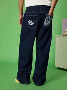 FROVYX Manfinity Streetrush Men's Fashion Pocket Printed Loose Fit Jeans - Dark Wash - View 1