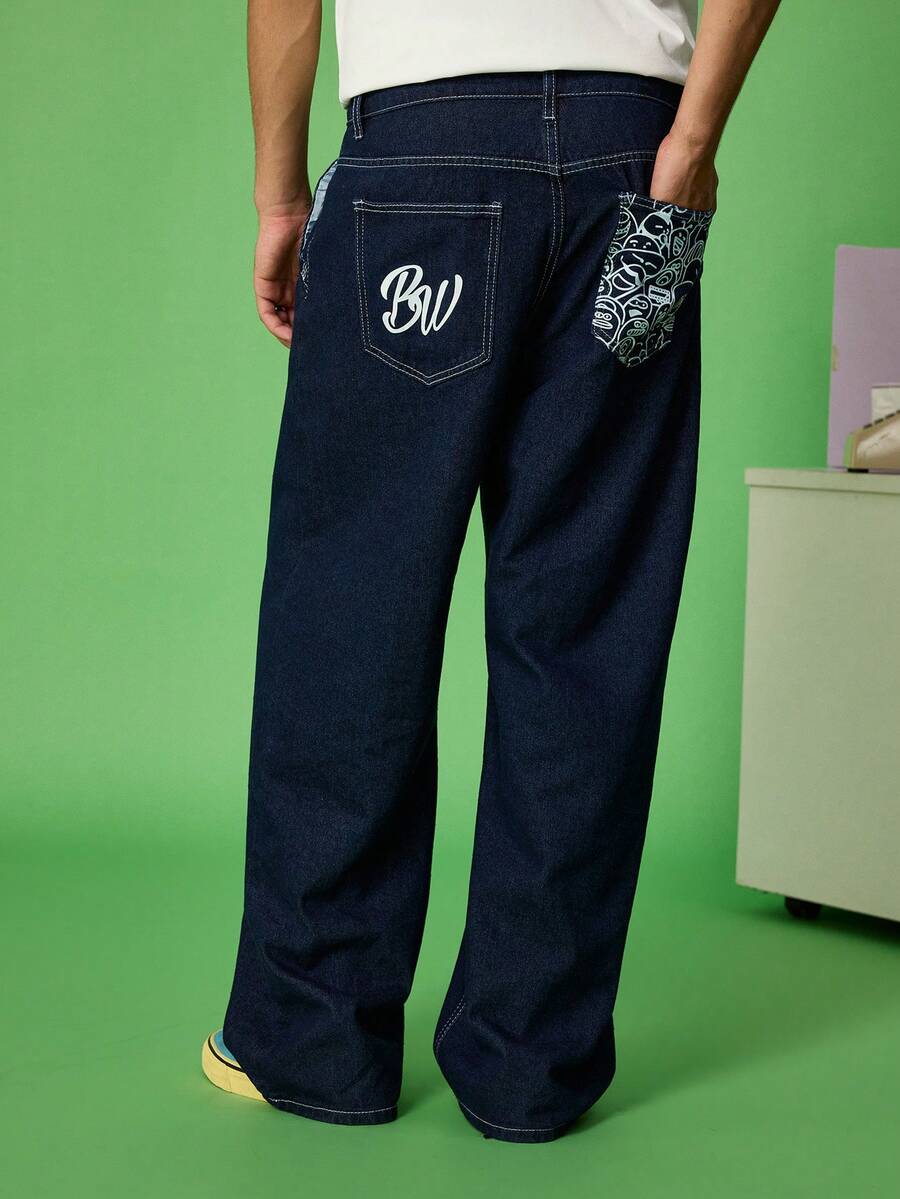 FROVYX Manfinity Streetrush Men's Fashion Pocket Printed Loose Fit Jeans - Dark Wash - View 1