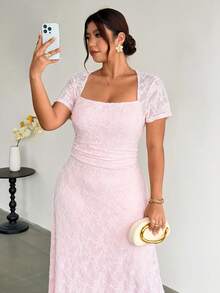 Firerie Plus Size Women's Knit Textured Jacquard A-Line Dress Elegant Wedding Guest Pink Dress For Women Graduation Dress Party Dress For Women - Pink - View 5
