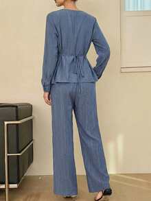 DAZY Conjunto feminino de 2 peças para primavera/outono, estilo casual de férias, top de manga comprida com decote coração e calças de perna larga com cordão na cintura - Azul - Ver 7