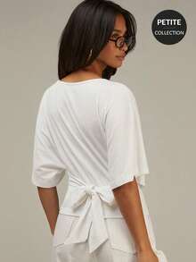 Athîral Petite Damen weißes Rundhals-Top mit Fledermausärmeln und Knotendetail am Rücken, weißes Top für Damen, Top mit Bindung vorne, weißes Top, für zierliche Frauen - Weiss - Übersicht 1