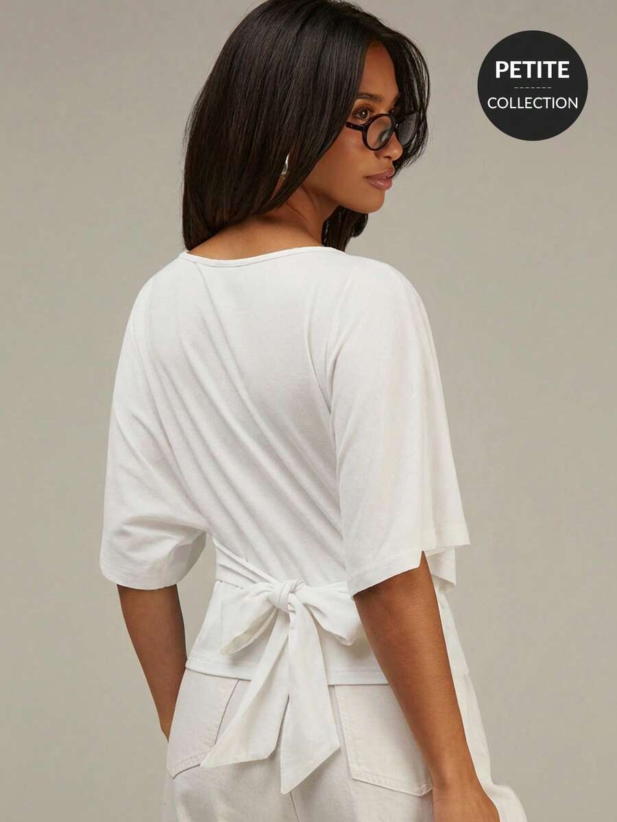 Athîral Petite Damen weißes Rundhals-Top mit Fledermausärmeln und Knotendetail am Rücken, weißes Top für Damen, Top mit Bindung vorne, weißes Top, für zierliche Frauen - Weiss - Übersicht 1