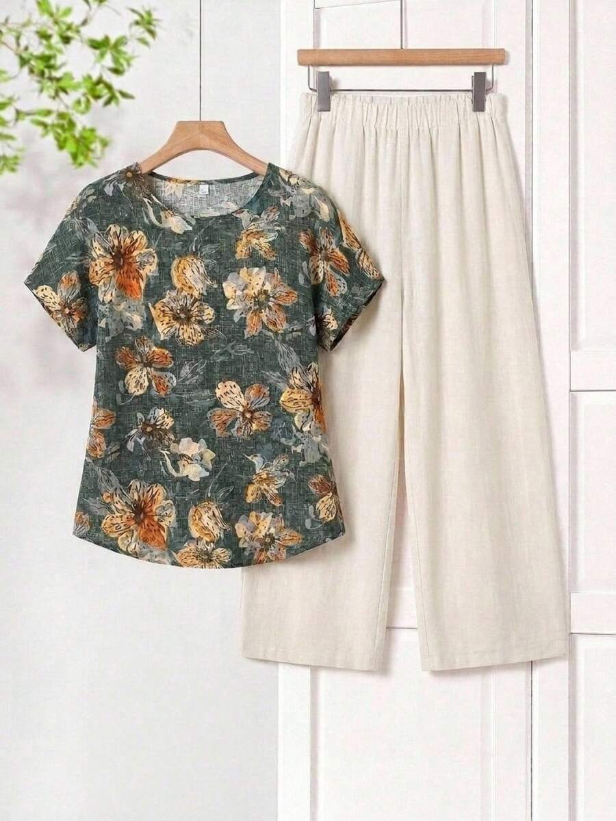 SHEIN LUNE 2 件套女士度假休闲花卉印花短袖上衣和纯色裤子套装 - 綠色 - 查看 1