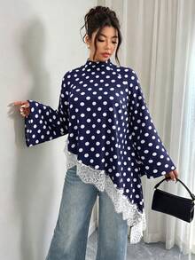 Elenzga Blusa de talla grande negra con lunares blancos, manga larga, encaje de contraste y dobladillo asimétrico para otoño/invierno - Multicolor - Ver 3